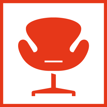 Rotes Icon eines modernen Design-Sessels in einem quadratischen Rahmen