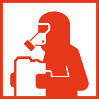 Rotes Icon einer Person in vollständiger Schutzausrüstung mit Atemschutzmaske