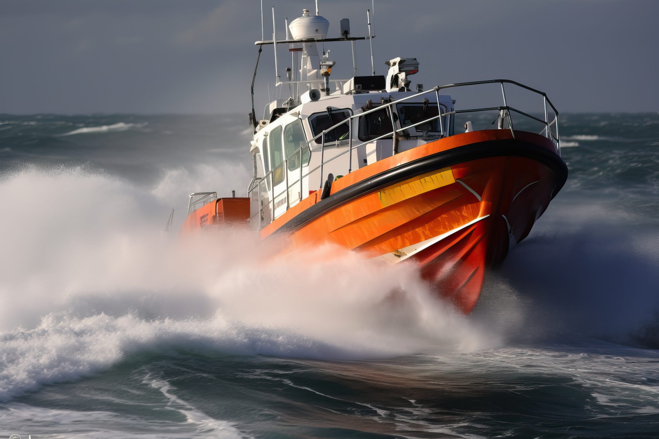 A bright orange lifeboat navigates rough seas on the open ocean