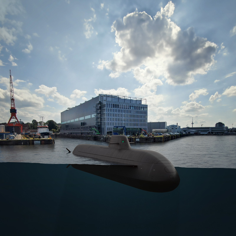 Depiction of a submarine half-submerged