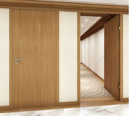 Two brown doors in a white wall, one door is open