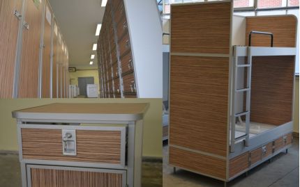 A collage of three images with brown furniture