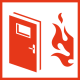 Rotes Icon einer geöffneten Brandschutztür mit daneben lodernden Flammen