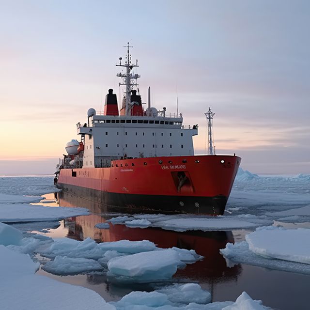 Ein rot weißes Schiff auf See zwischen Eisschollen