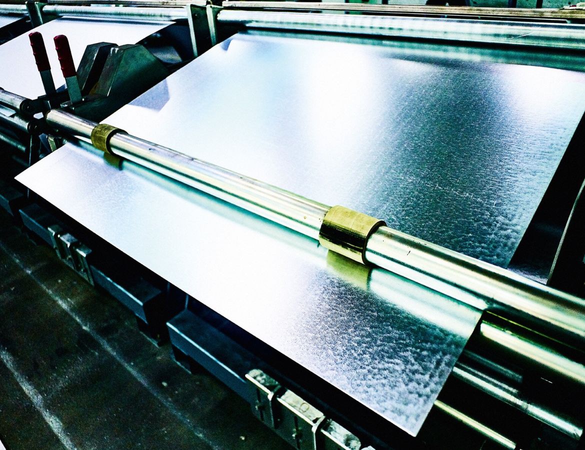 Industrielle Blechschneidemaschine bei der präzisen Verarbeitung von verzinkten Stahlblechen in einer modernen Metallfertigung